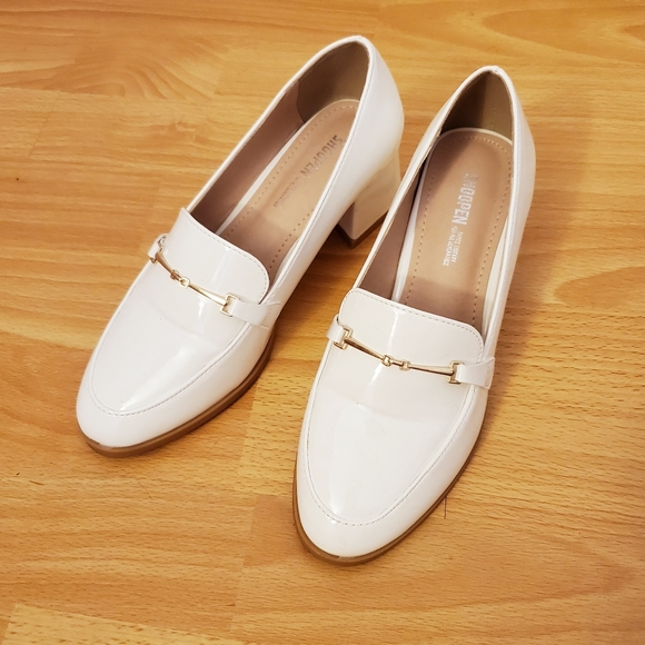 White Patent Leather Block Heel Loafer - Picture 1 of 4